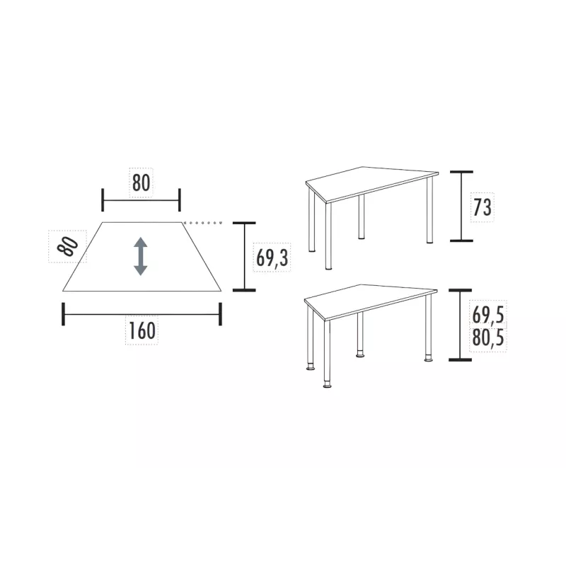 Table polyvalente trapézoïdale hauteur fixe ou réglable en hauteur So Granada