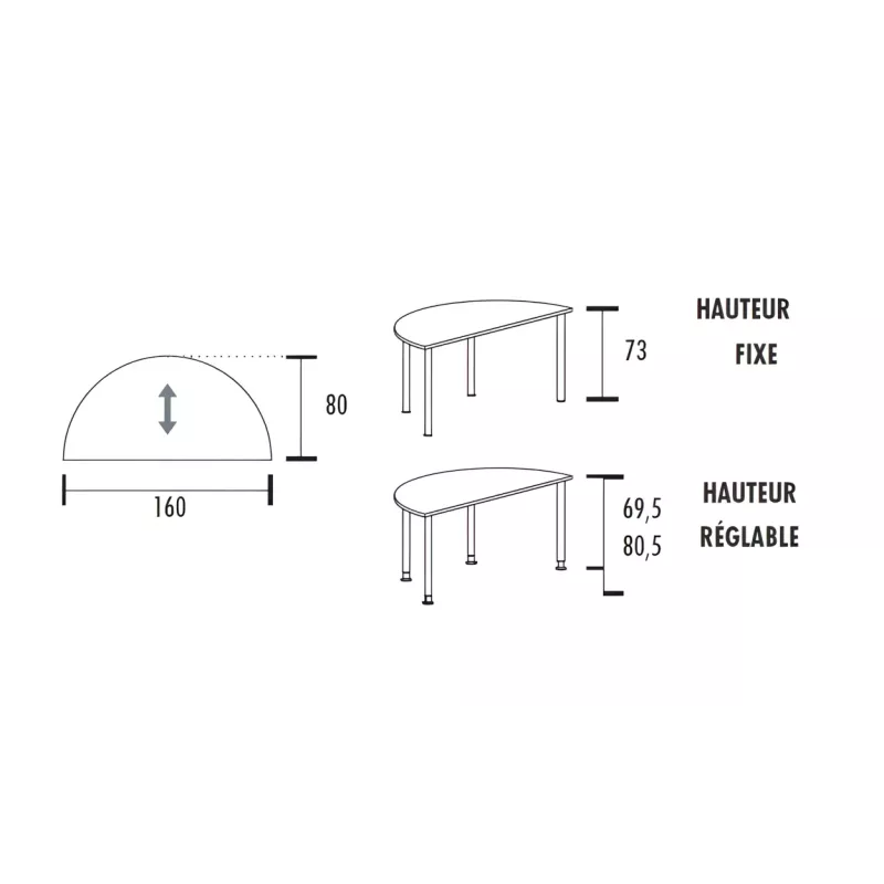 Table polyvalente demi-ronde hauteur fixe ou réglable en hauteur So Granada