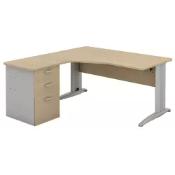 Bureau d'angle compact angle arrondis - caisson hauteur bureau et passe-câbles So Enix