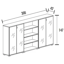 Arm. 4 portes verre 6 étag. + bibli. 3 étag. (L : 300 cm x P : 42 cm x H : 147 cm) So Laroya