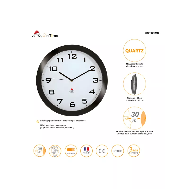 Horloge murale silencieuse couleur noire