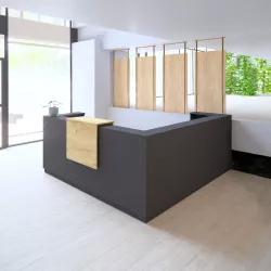 Banque d'accueil – angle à gauche – 264 cm x 264 cm – réhausse 80 cm – So Aragon