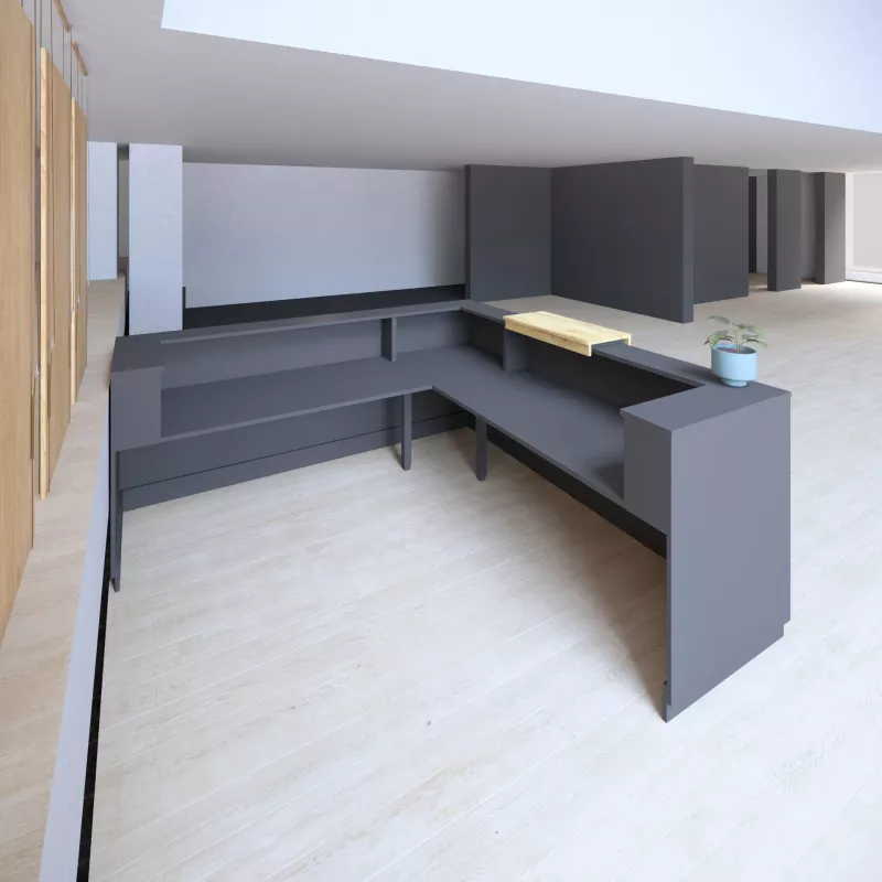 Banque d'accueil – angle à gauche – 264 cm x 264 cm – réhausse 80 cm – So Aragon