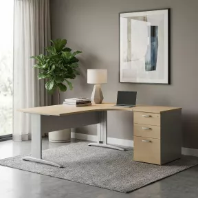 Bureau d'angle, piètement métal avec caisson hauteur bureau - So Vigo
