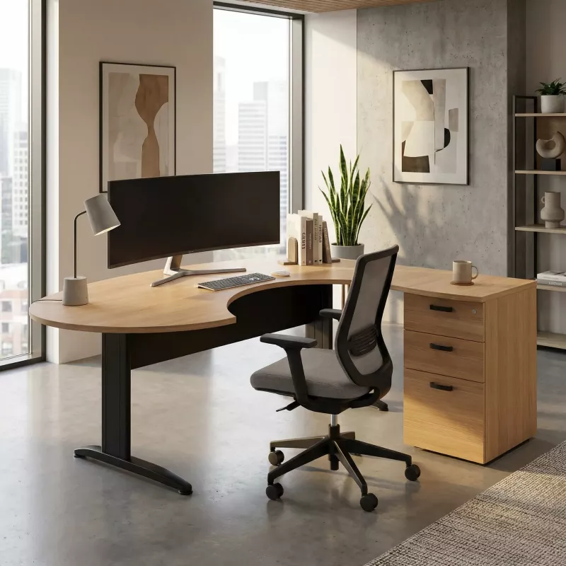 Bureau d'angle compact piètement métal avec caisson hauteur bureau So Borox