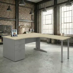 Bureau d'angle compact sur caisson porteur avec goulotte passe-câbles So Enix