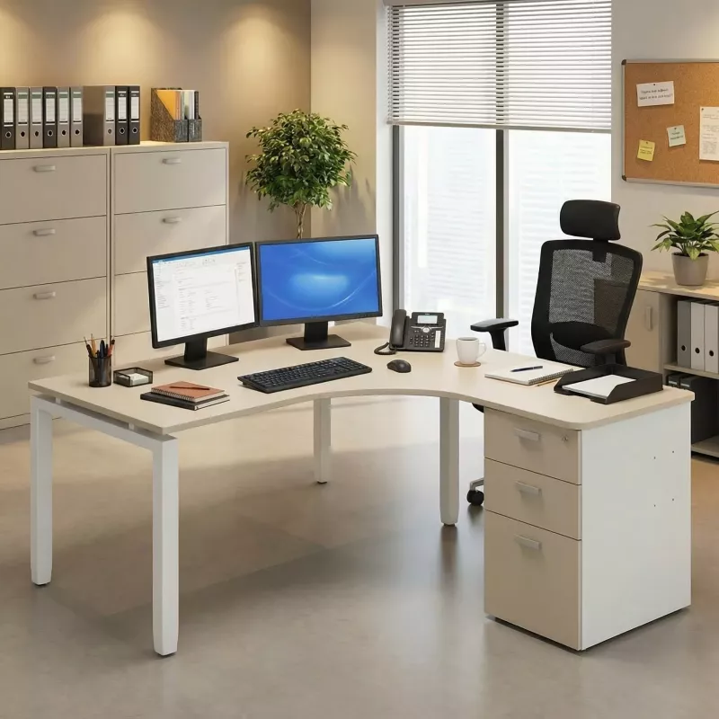 Bureau d'angle compact avec caisson hauteur bureau