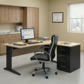 Bureau d'angle compact angle arrondis - caisson hauteur bureau et passe-câbles So Enix
