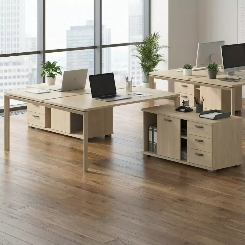 Bench vis-à-vis 2 postes - Piètement ouvert, 2 crédences