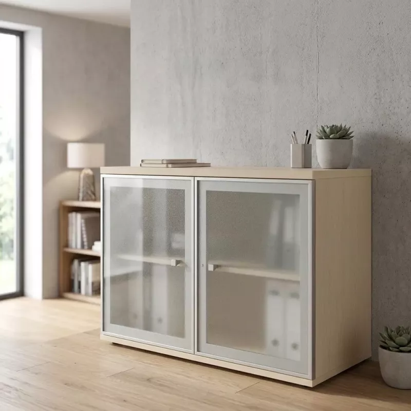 Armoire basse fermée, porte en verre, hauteur 81 cm – So Madrid