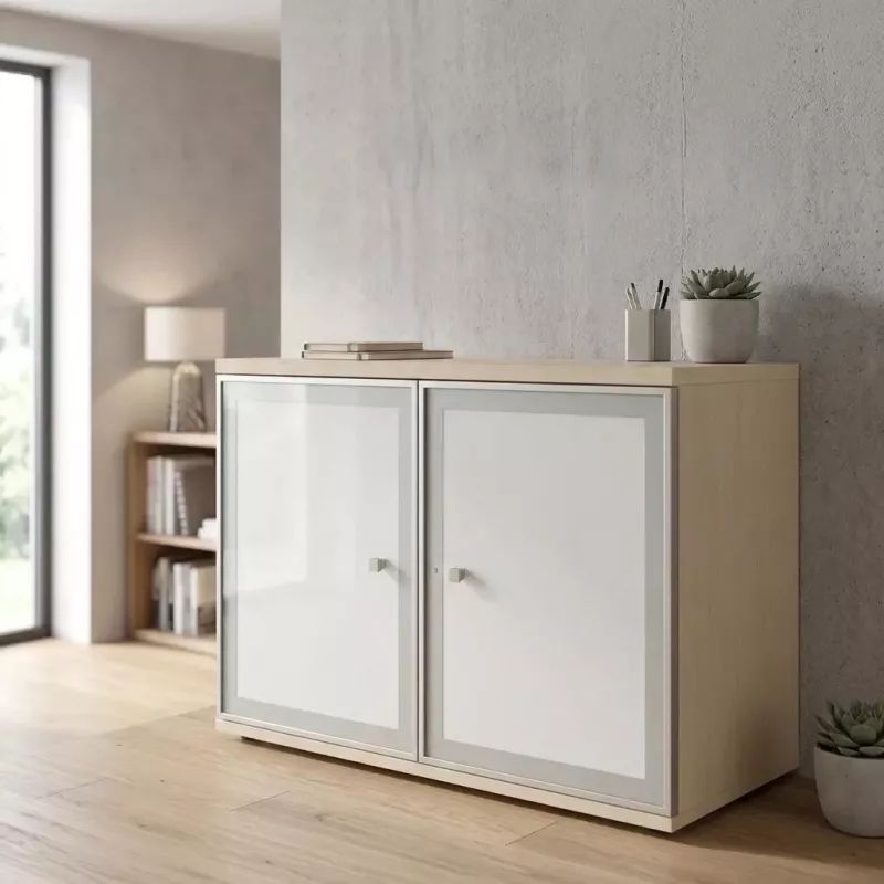 Armoire basse fermée, porte en verre, hauteur 81 cm – So Madrid
