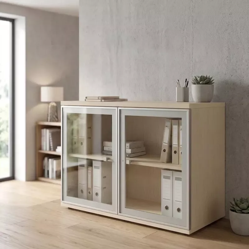 Armoire basse fermée, porte en verre, hauteur 81 cm – So Madrid