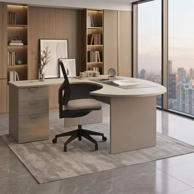 Bureau d'angle compact forme ARC pied panneau avec caisson hauteur bureau So Vigo