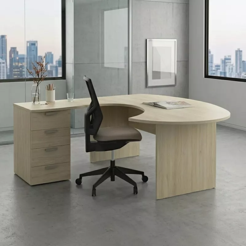 Bureau d'angle compact forme ARC pied panneau avec caisson hauteur bureau So Vigo