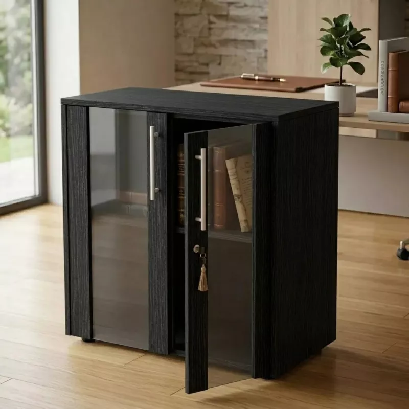 Armoire basse 2 portes en verre fumé à serrure - 1 étagère - L. 83 x P. 43 x H. 81 cm So Flora