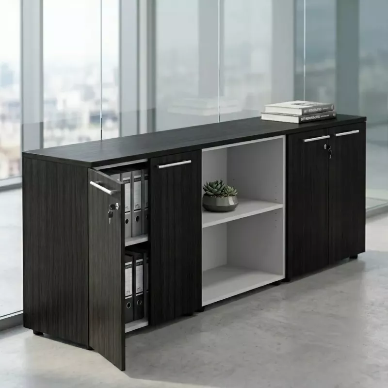 Armoire basse combiné 4 portes mélaminé à serrure - 3 étagères - L. 243 x P. 43 x H. 81 cm So Flora