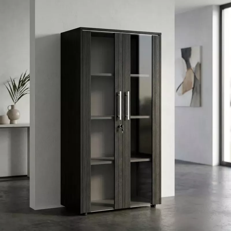 Armoire 2 portes verre fumé à serrure - 3 étagères -  L. 83 P. 43 x H. 158 cm So Flora
