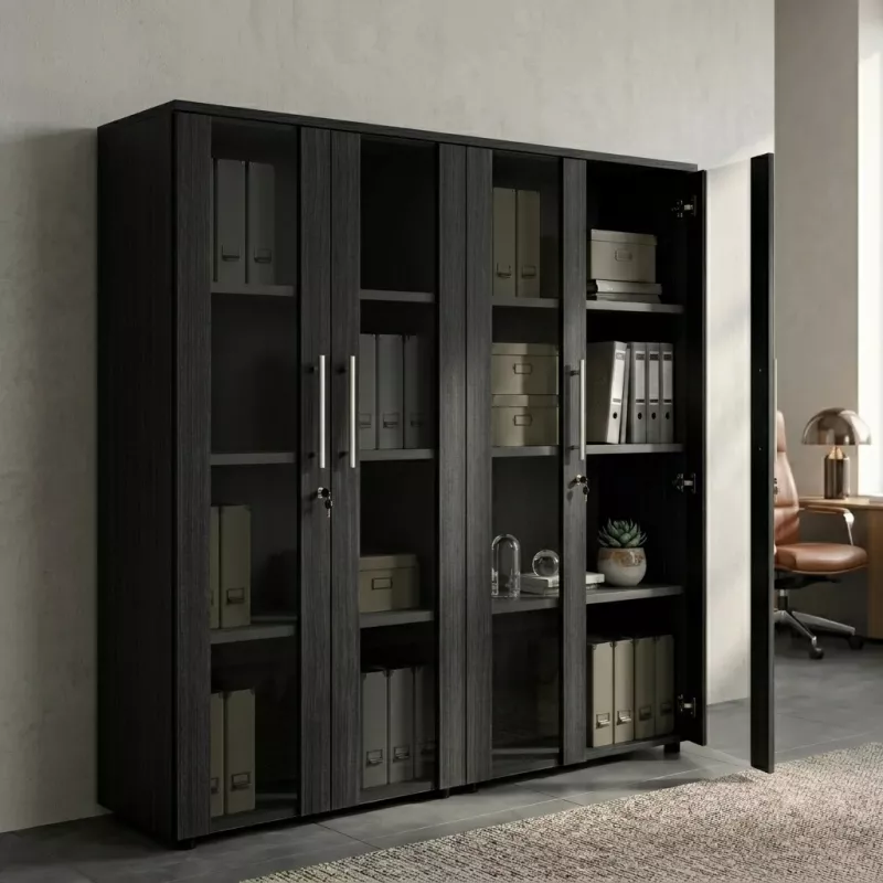 Armoire 4 portes verre fumé à serrure - 6 étagères - L. 163 x P. 43 x H. 158 cm So Flora