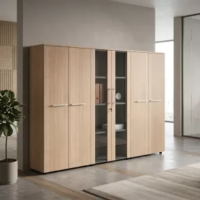 Armoire combiné 4 portes mélaminé + 2 portes verre fumé à serrure - 9 étagères - L. 243 x P. 43 x H. 158 cm So Flora