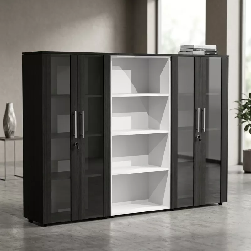 Armoire combiné 4 portes en verre fumé à serrure - 9 étagères - L. 243 x P. 43 x H. 158 cm So Flora