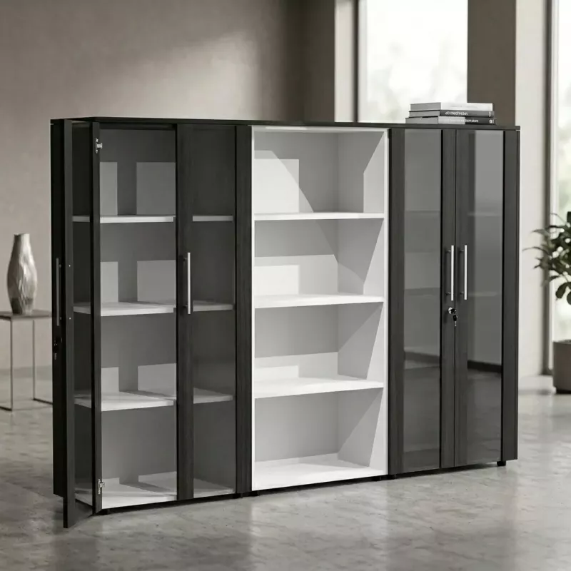 Armoire combiné 4 portes en verre fumé à serrure - 9 étagères - L. 243 x P. 43 x H. 158 cm So Flora