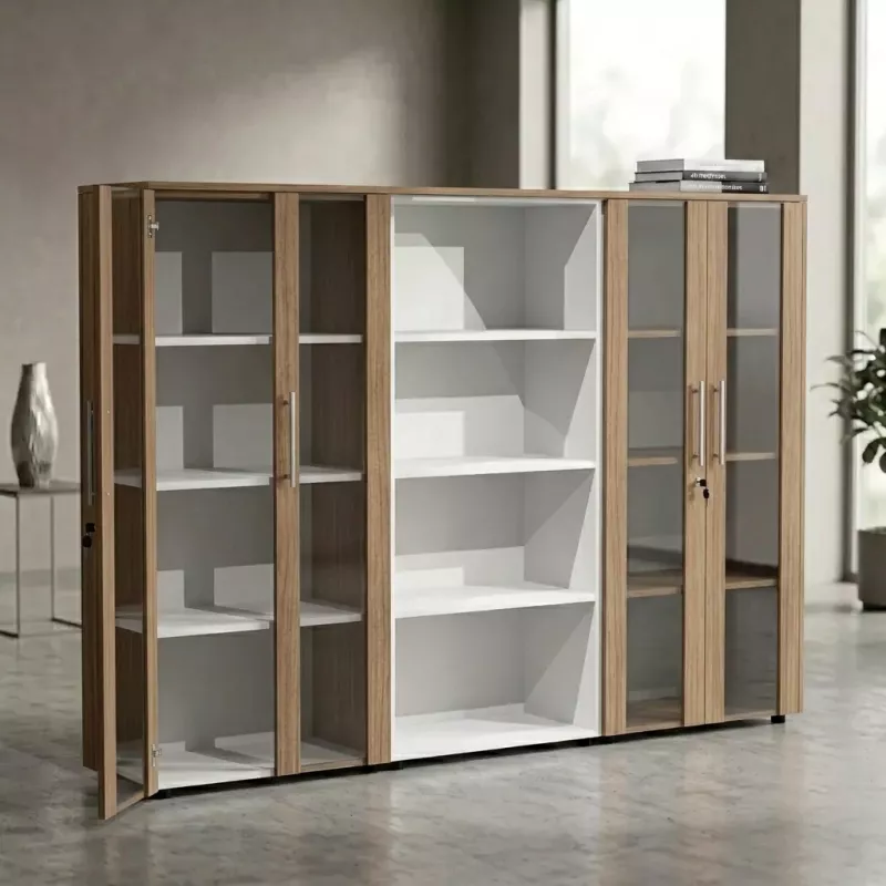 Armoire combiné 4 portes en verre fumé à serrure - 9 étagères - L. 243 x P. 43 x H. 158 cm So Flora