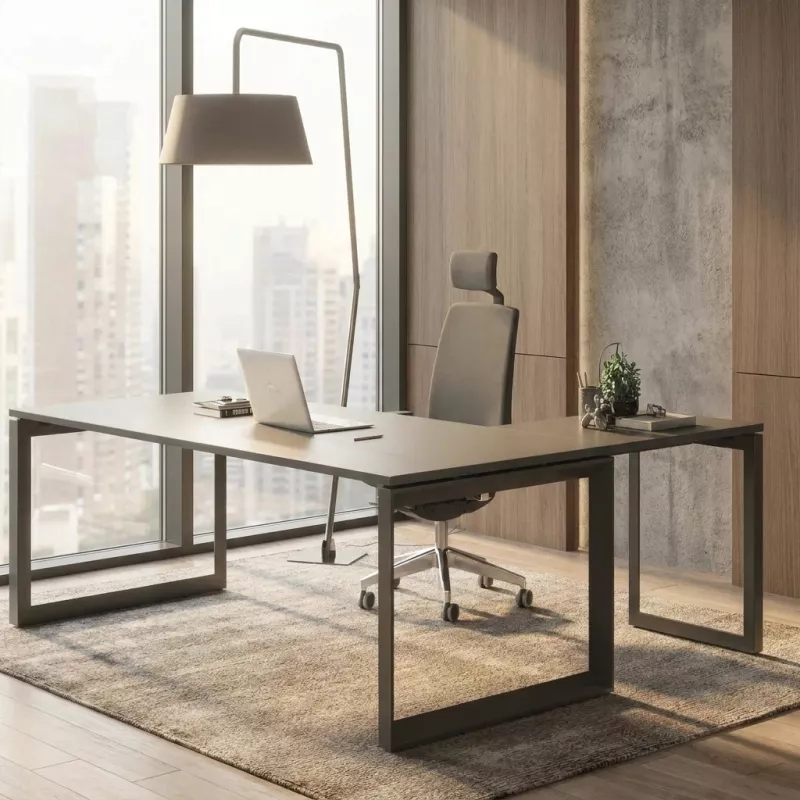 Bureau d’angle avec goulotte et piètement fermé | So Sierro