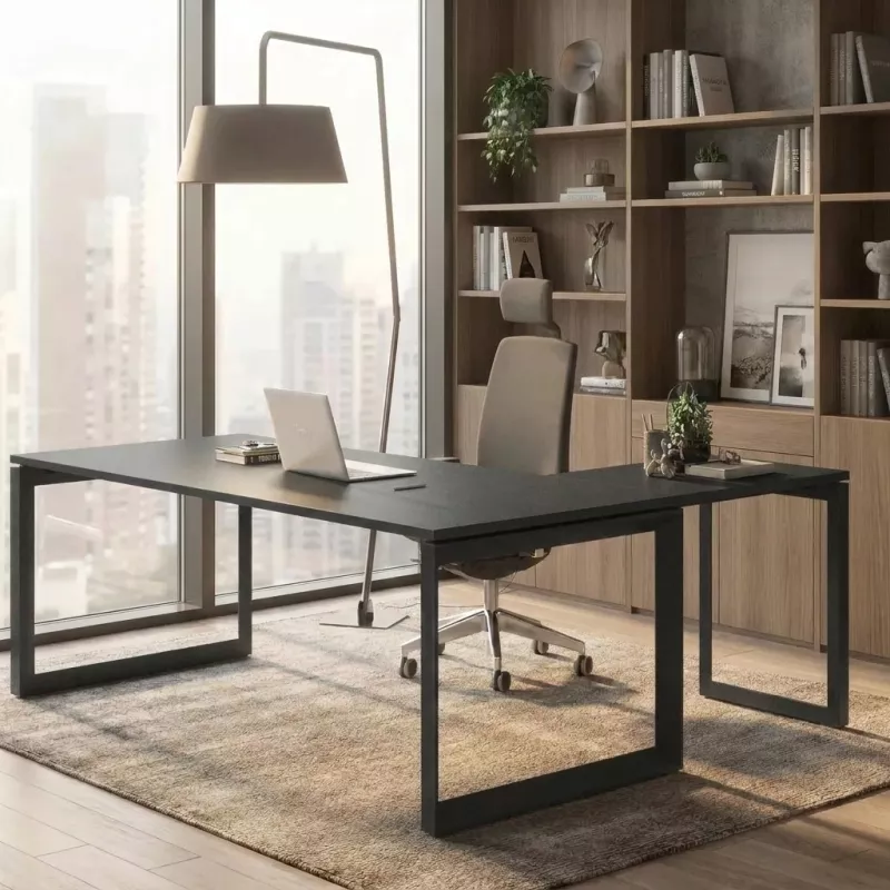 Bureau d’angle avec goulotte et piètement fermé – So Sierro