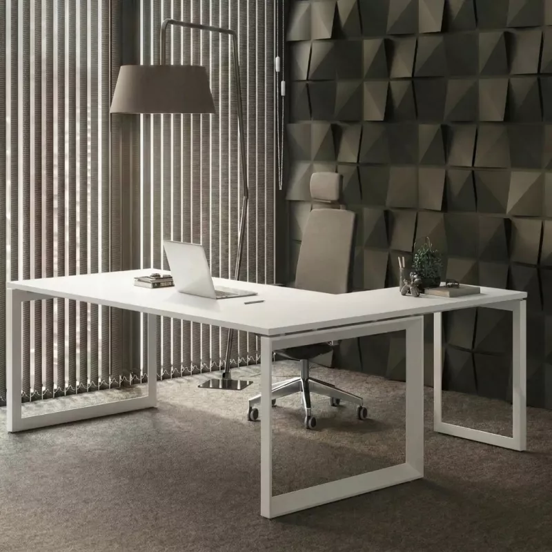 Bureau d’angle avec goulotte et piètement fermé – So Sierro