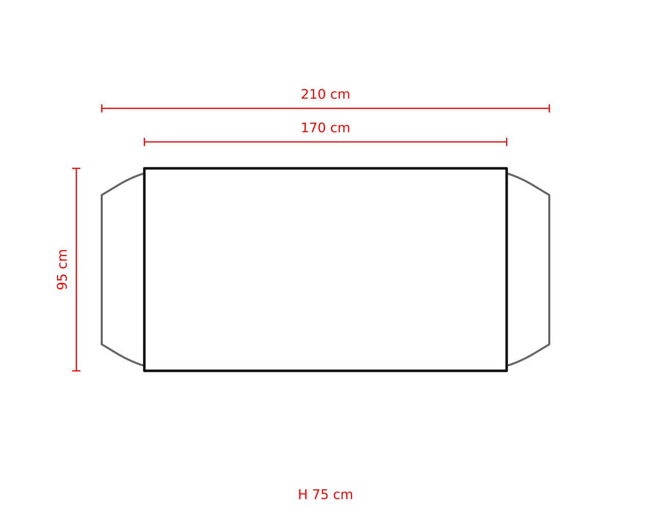 L 210 x P 95 x H 75 cm