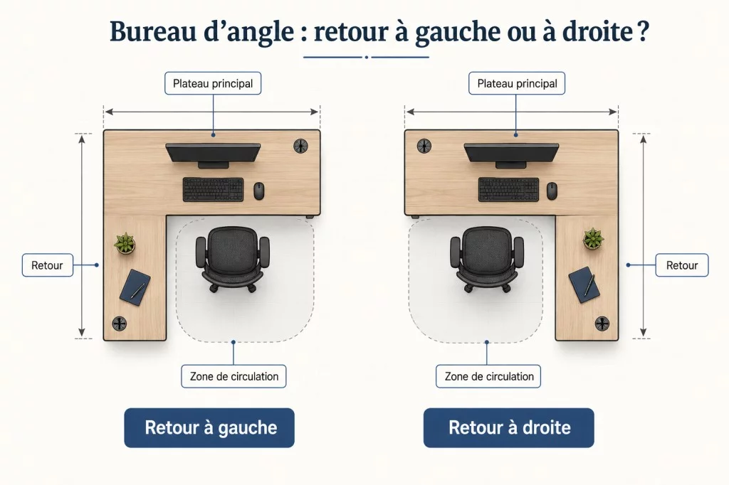 Schéma des dimensions et de l’orientation d’un bureau d’angle professionnel avec retour à gauche ou à droite